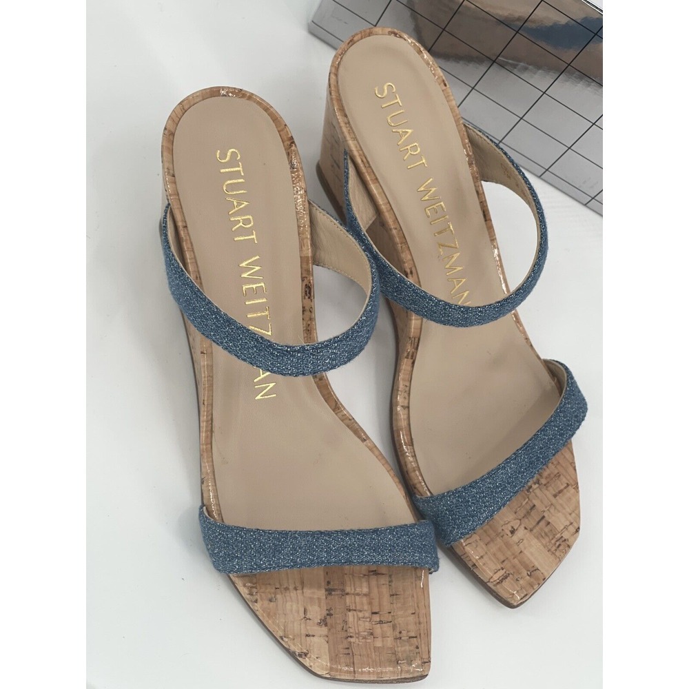 Stuart Weitzman Wedge Sandal Square Toe‎ Heel Washed Blue Women's Size 5.5 New - Picture 6 of 12